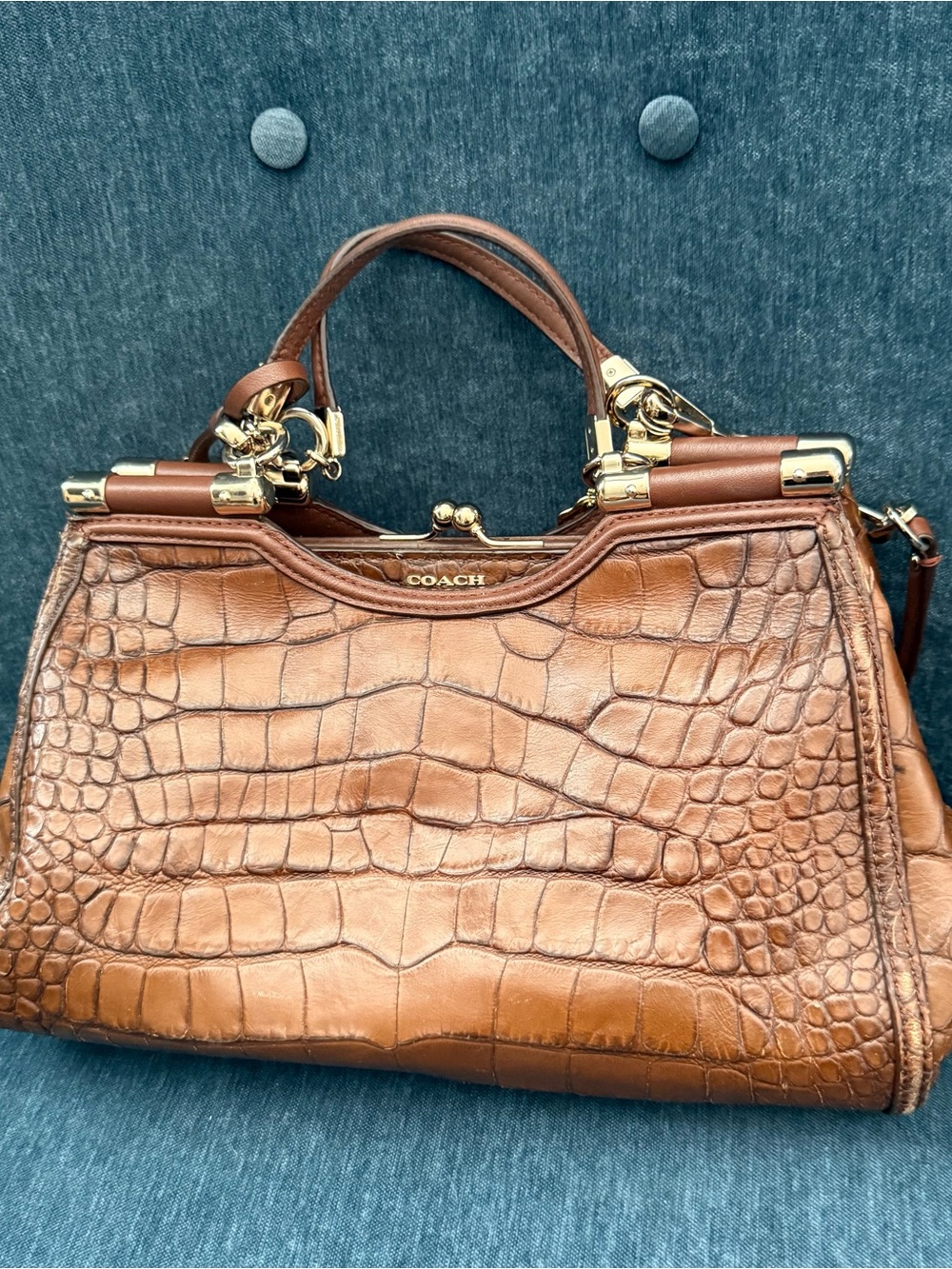 Coach Cognac Croc-Embossed Leather Satchel with Gold Hardware